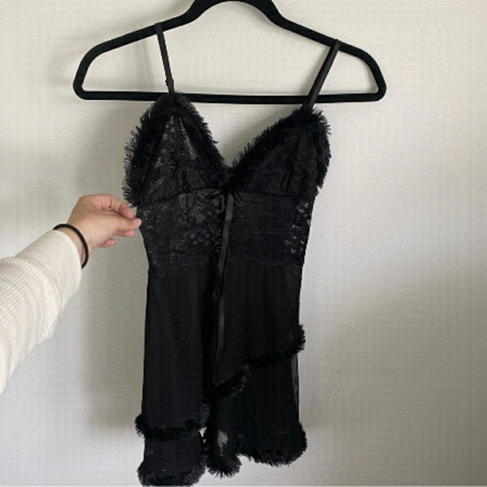 Lace Babydoll Dress with Layered Feather Hems Satin Bow in Black - One Size